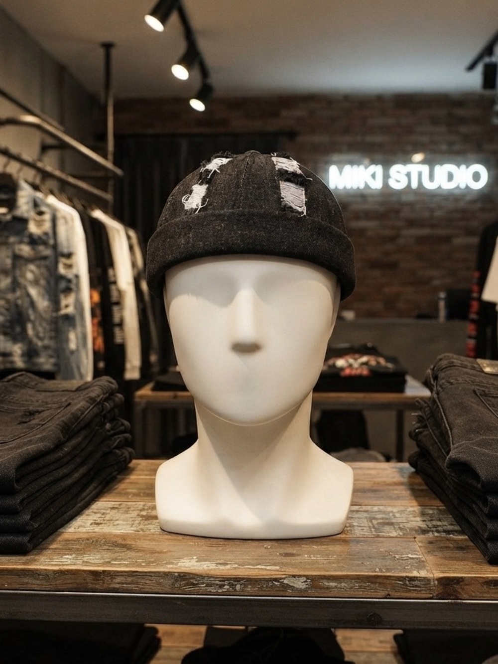 Distressed Black Beanie Hat